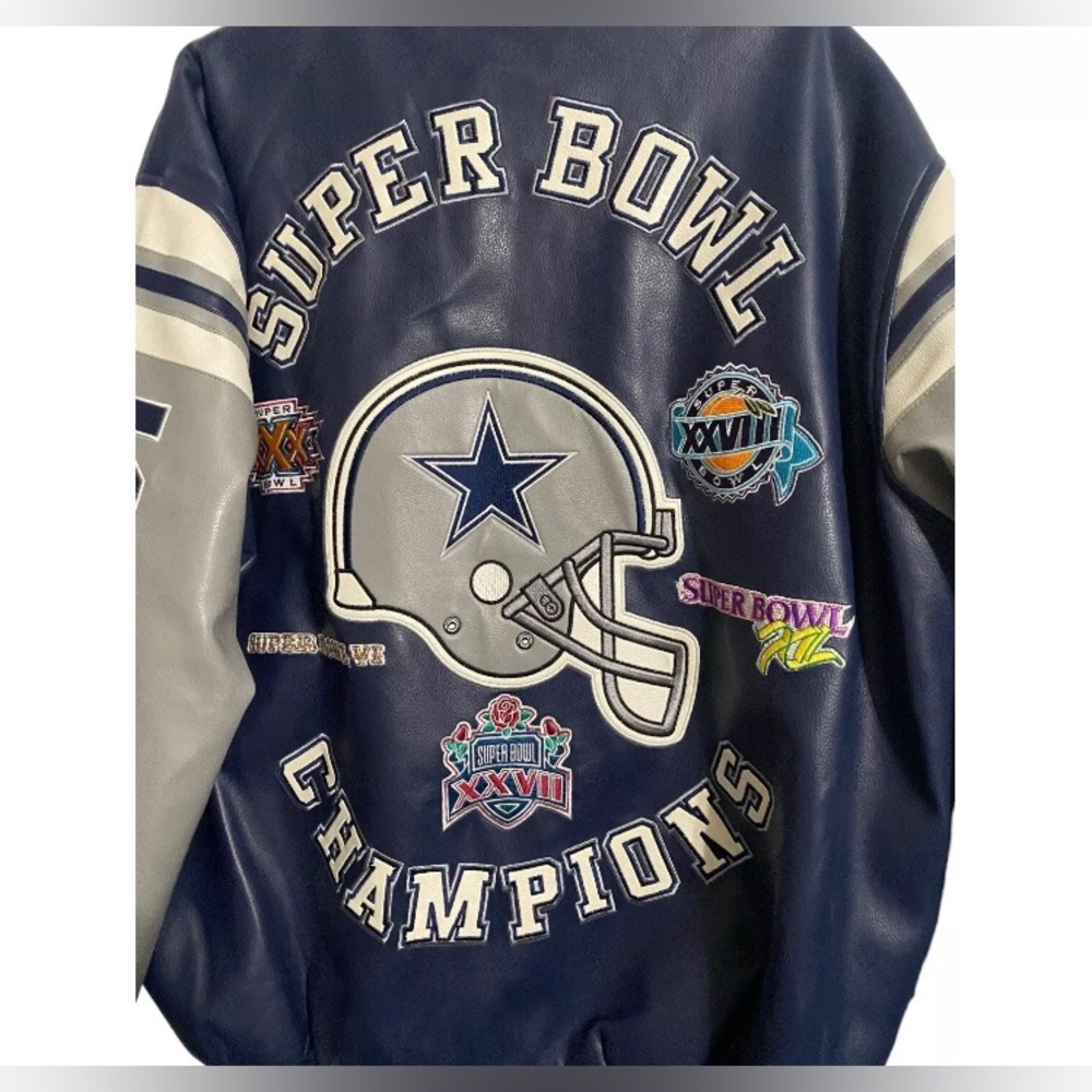 Dallas Cowboys 5-Time Superbowl Champions Faux Leather NFL Bomber Jacket w/DVDs